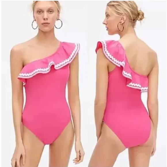 NWT J. Crew Pink One Shoulder Ruffle One Piece Swimsuit with Rickrack Size 8